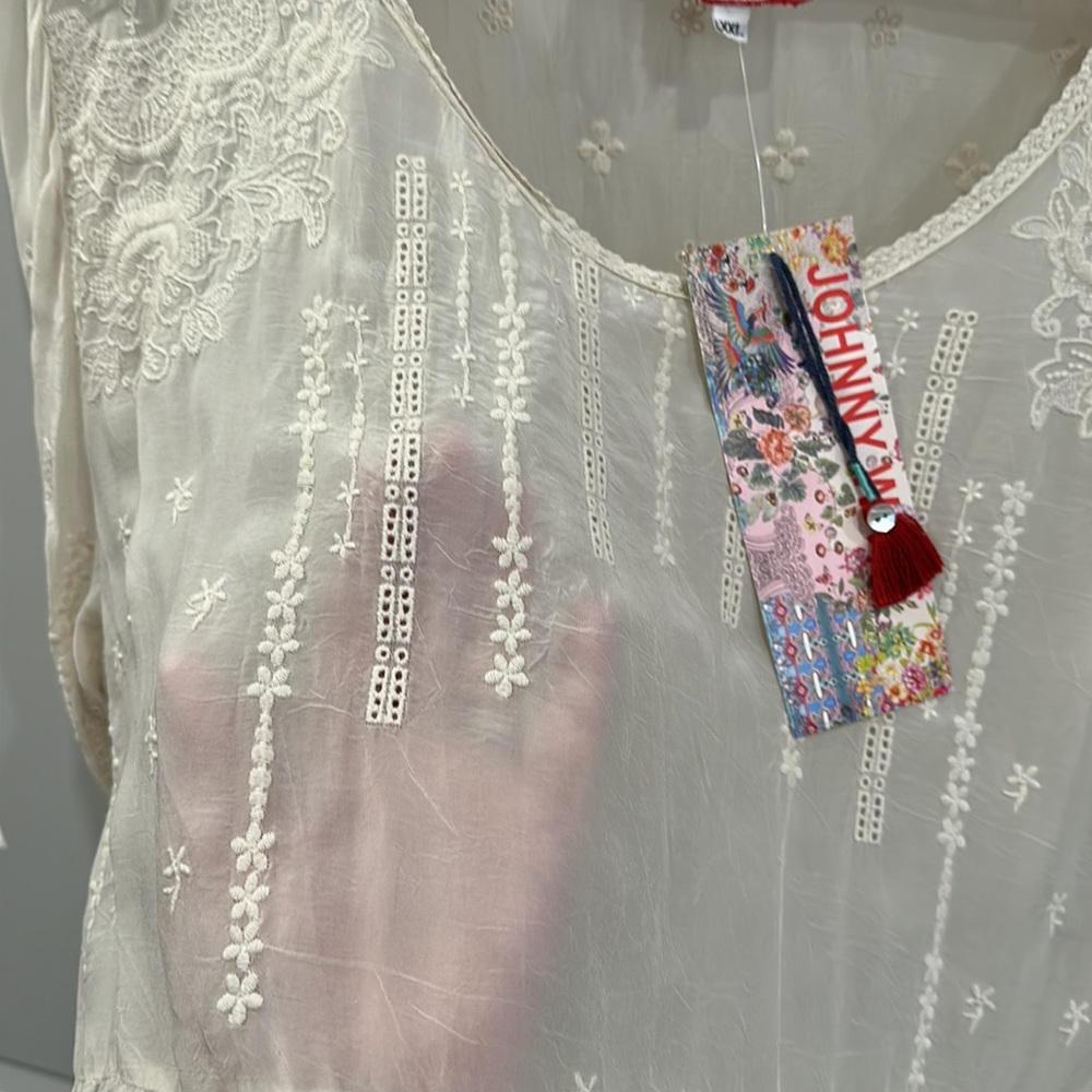 Johnny Was Classic, Vintage Ivory Embroidered Sheer Top, NWT - Picture 5 of 6